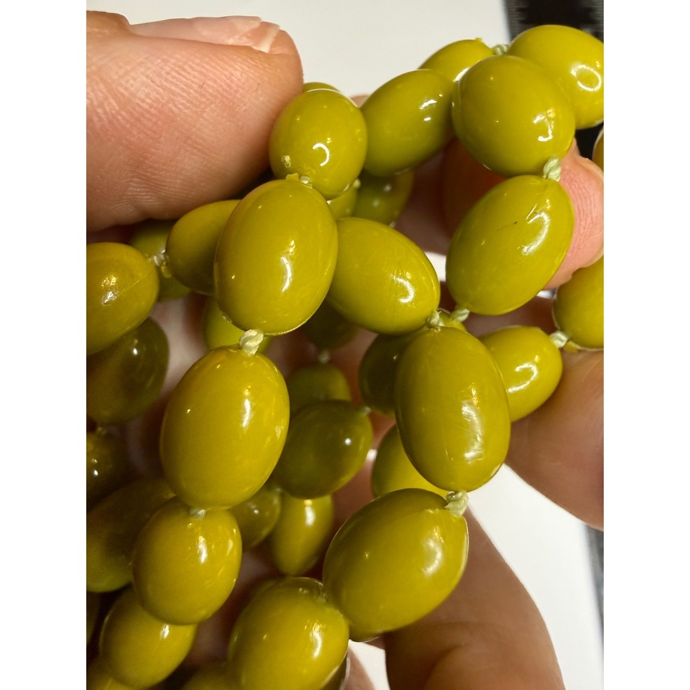 Vintage Olive Green Knotted Oval Bead Necklace 32 Inch Continuous Strand
